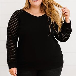 Plus Size Sheer‎ Striped Sleeve V-Neck Top
